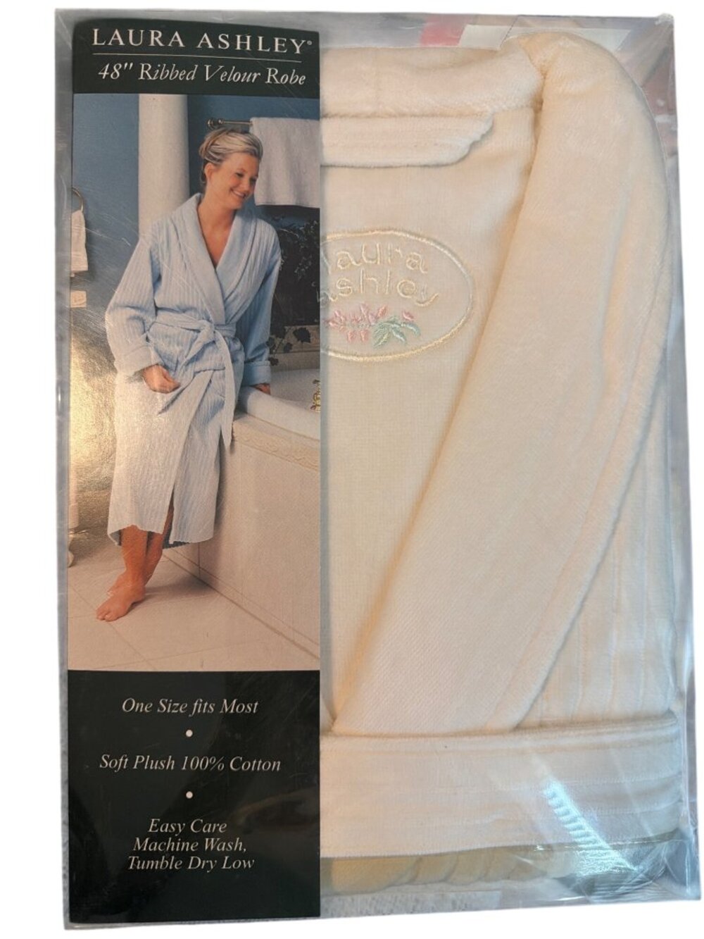 Vintage Laura Ashley 48" Ribbed Velour Robe 100% Cotton Shawl Collar One Sz NEW